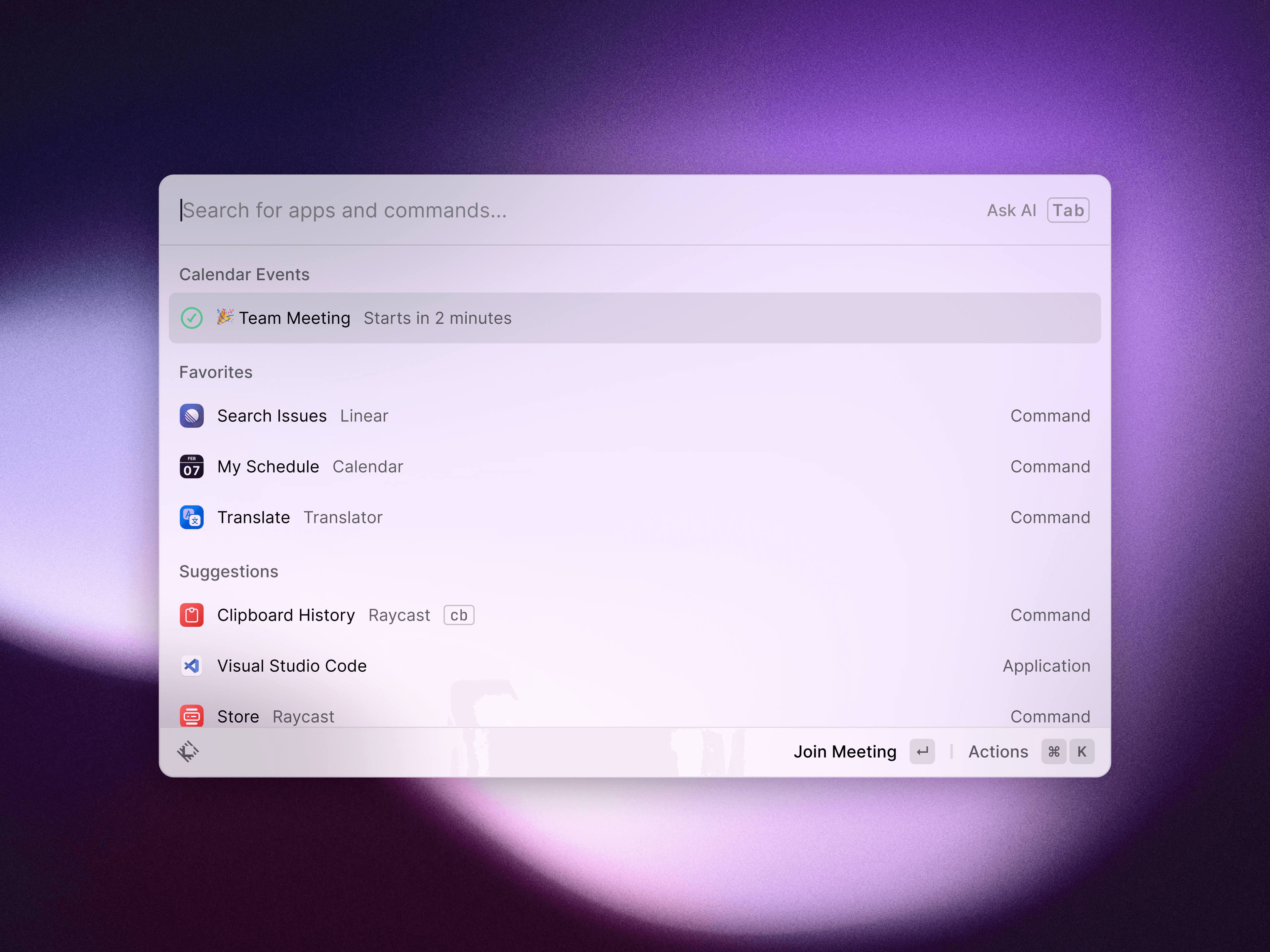 Raycast — Raycast main window with Calendar Event